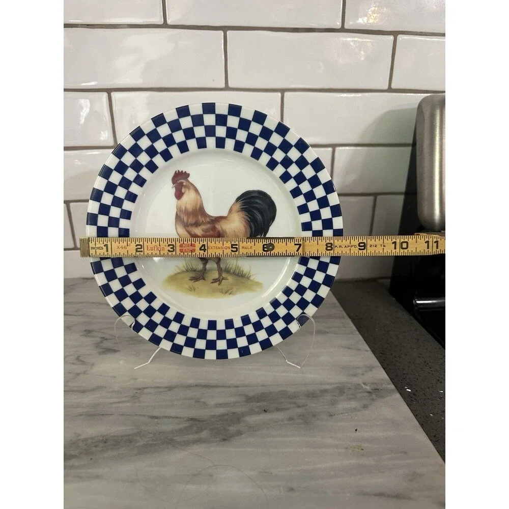 Williams Sonoma ROOSTER Blue White Check Checker Golden Brown 8.25